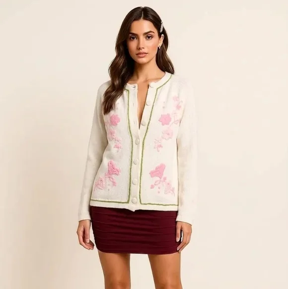 Vintage White Knit Cardigan Pink Embroidery Korea - Picture 10 of 12